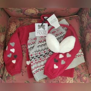 Red and Gray 4T Hearts Sweater, Skirt and Ear Muffs Set NWT